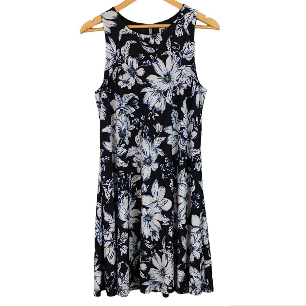 Anne Klein Black Floral Sleeveless A-Line Dress